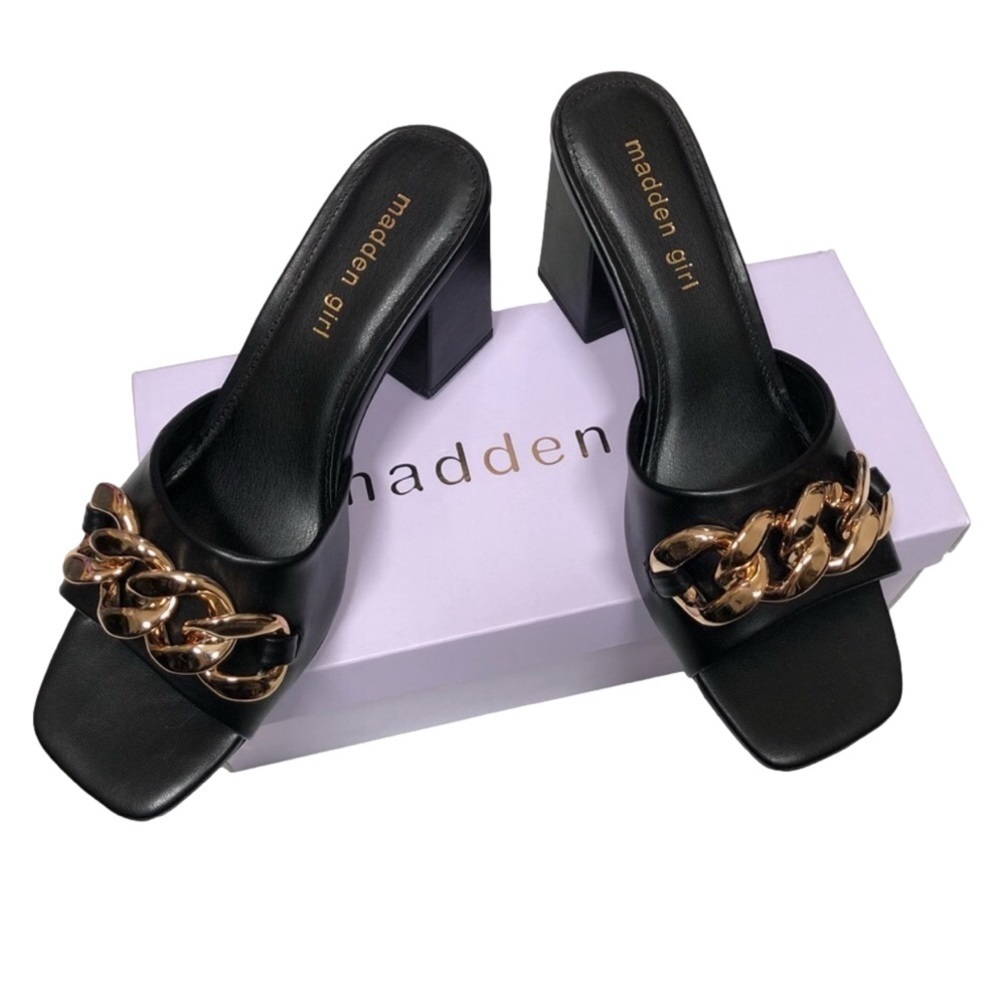 Madden Girl Mules Heeled Sandals Golden chain black Size 8.5